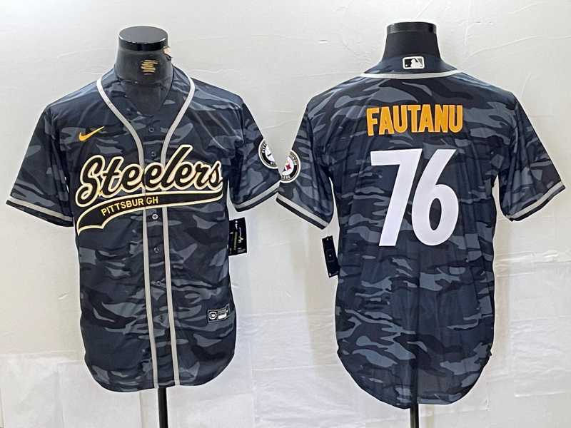 Men%27s Pittsburgh Steelers #76 Troy Fautanu Grey Camo With Patch Cool Base Stitched Baseball Jersey